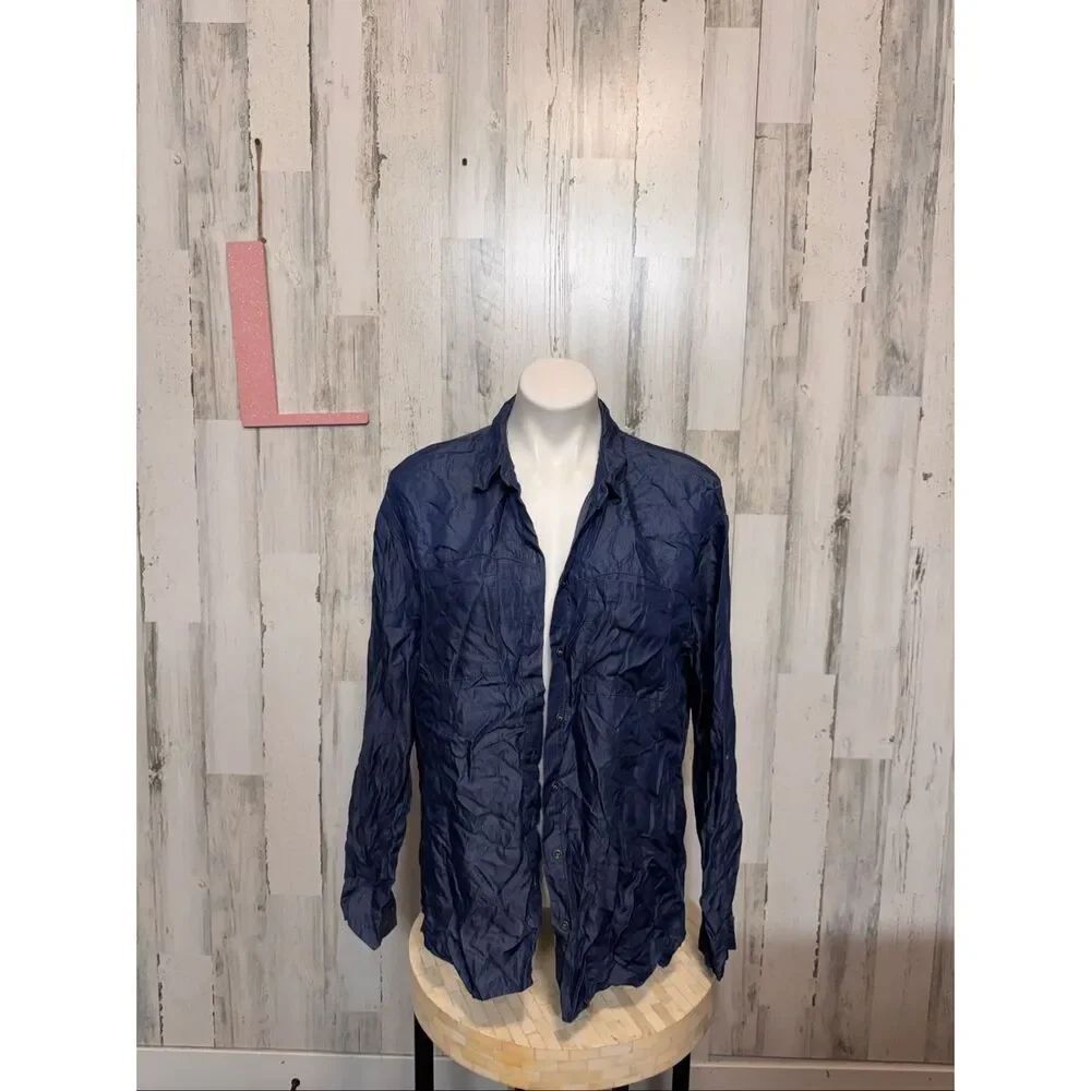 Jane + Delancey Blue Chambray Button Up Shirt Womens Size Large L Roll Tab Lyoce